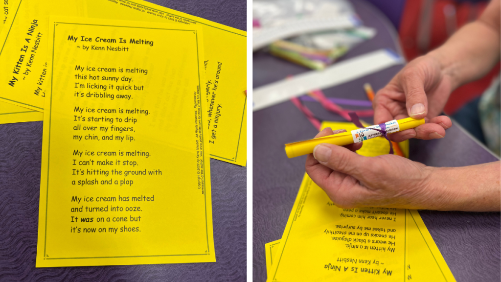 A JMRL staff member demonstrates the before and after of rolling a poem scroll for Poem In Your Pocket Day.